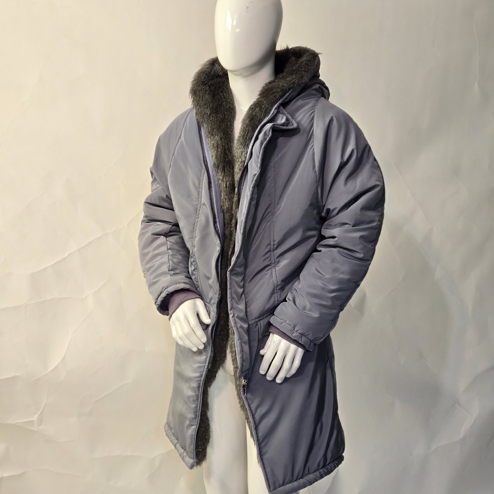 Philipp Plein Men's Silver Puffer Coat with Faux Fur